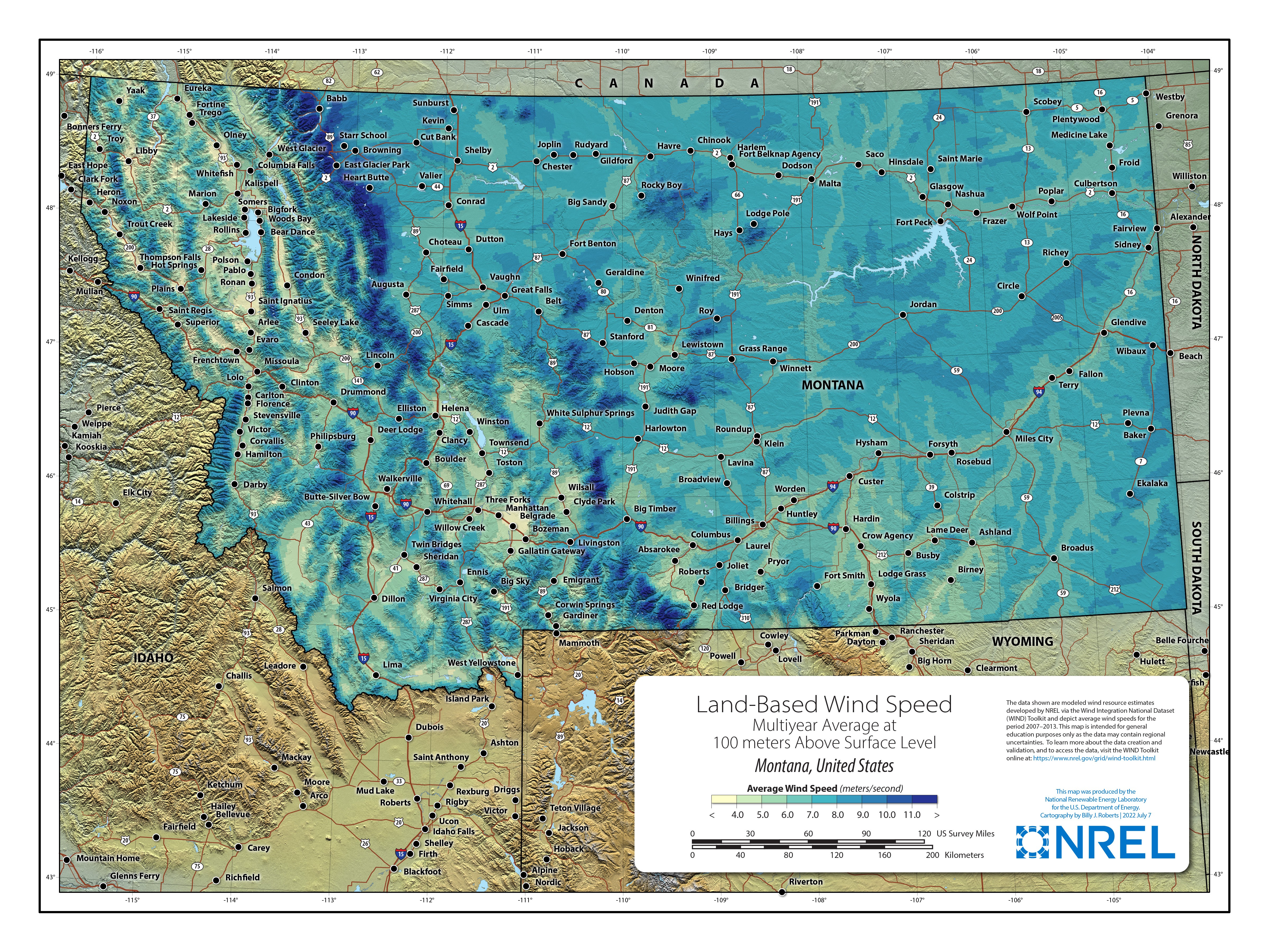Montana Land-Based Wind Speed at 100 Meters