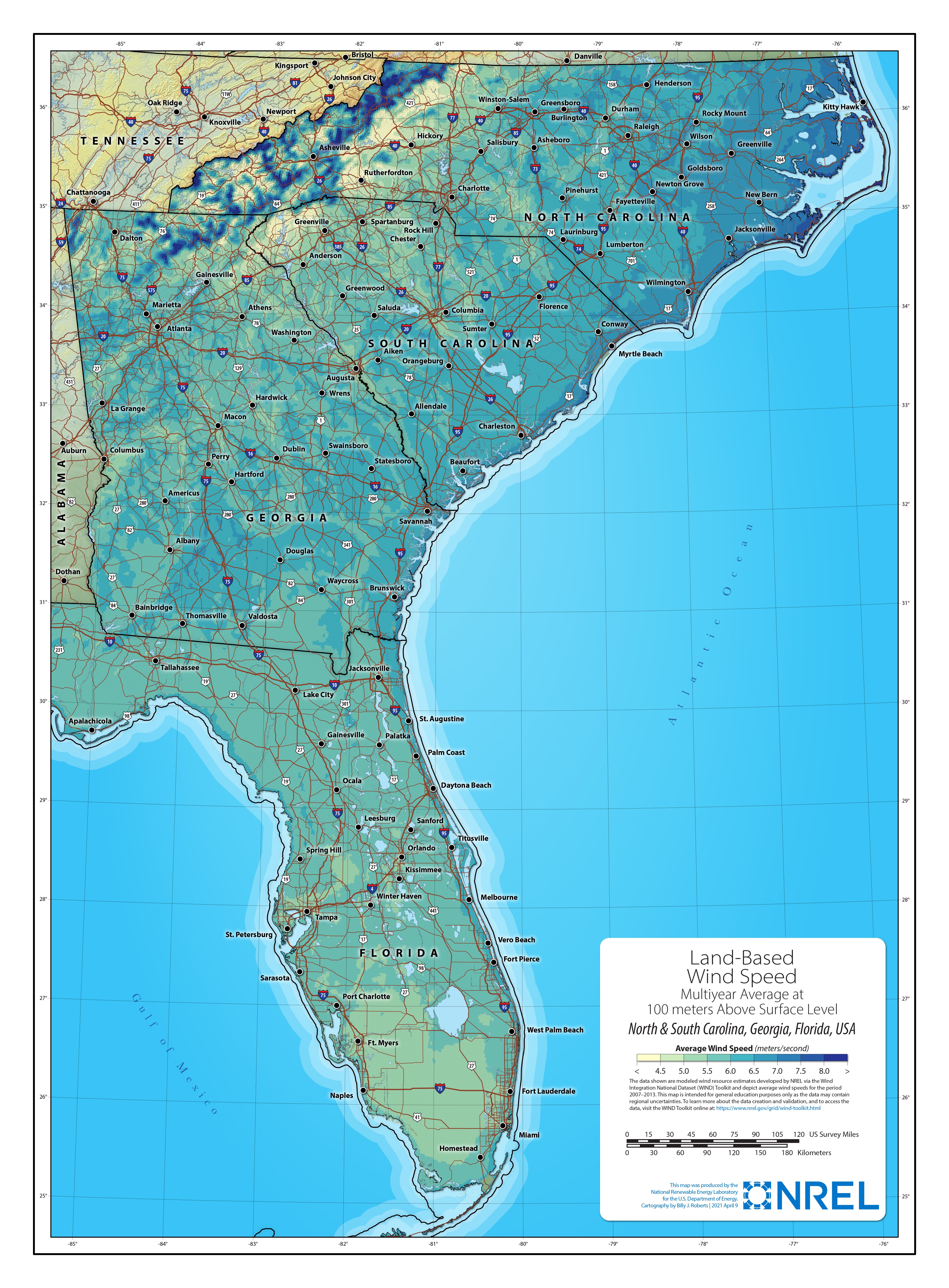 North Carolina-South Carolina-Georgia-Florida Land-Based Wind Speed at 100 Meters