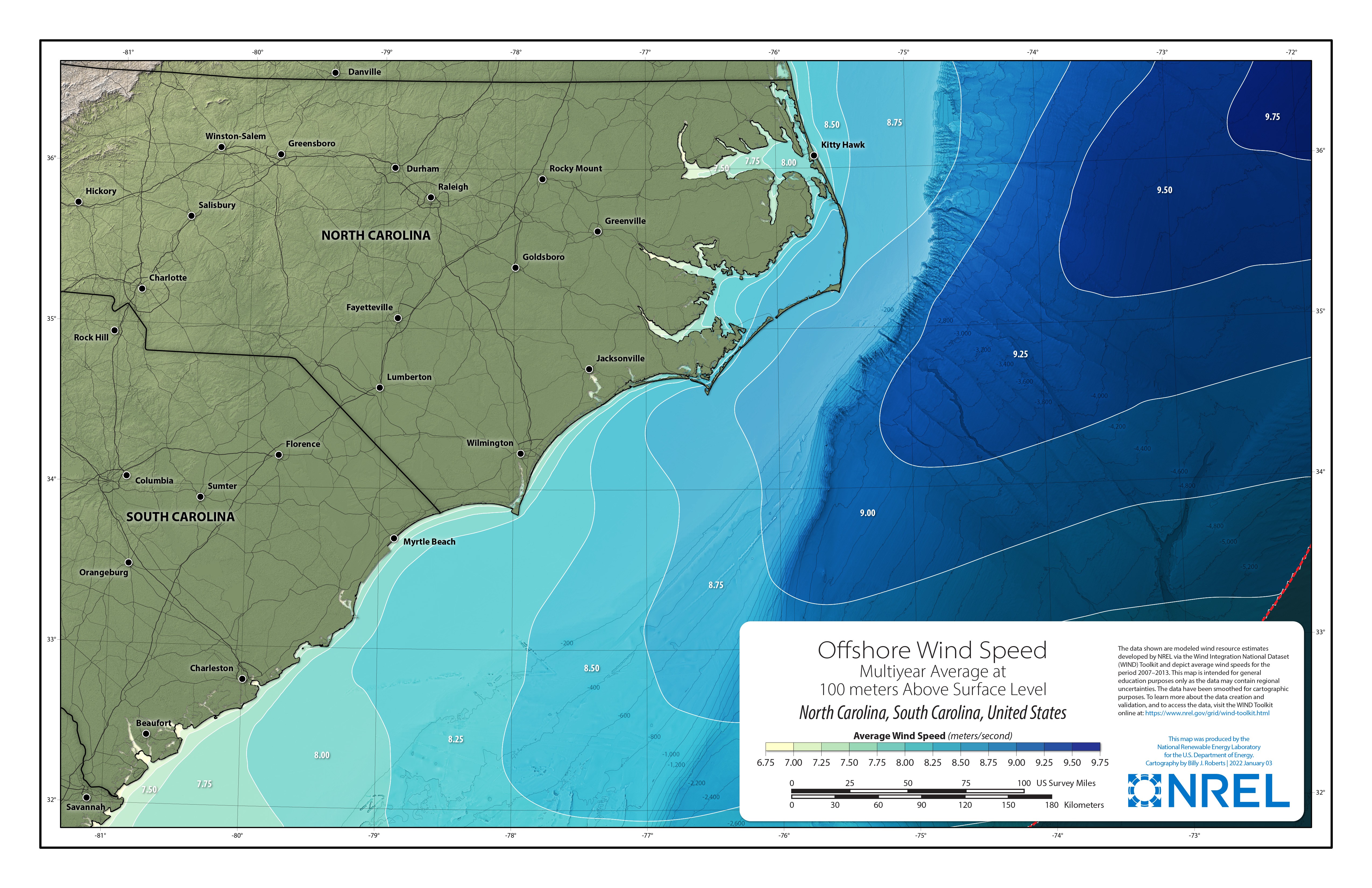 North Carolina-South Carolina Offshore Wind Speed at 100 Meters