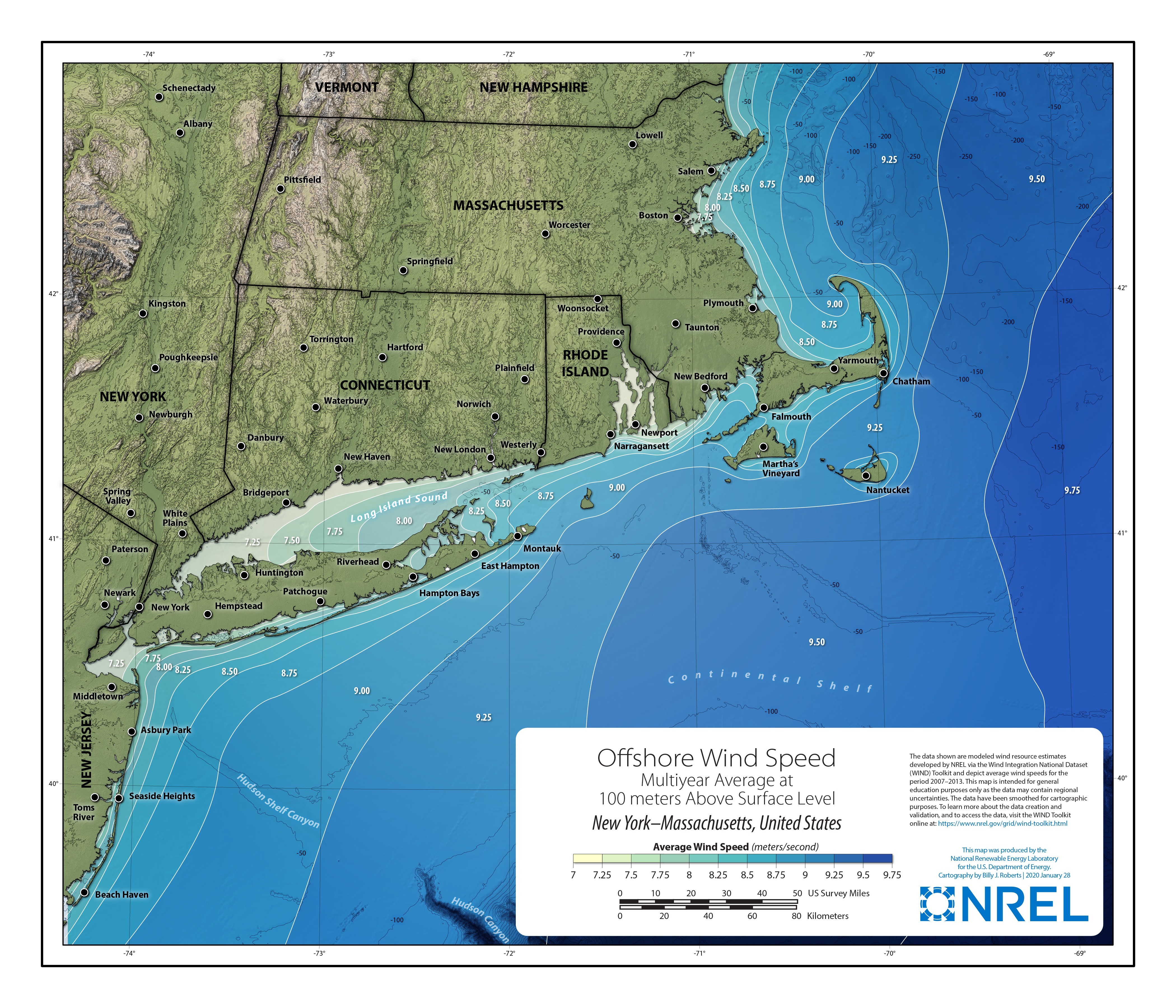 New York-Connecticut-Rhode Island-Massachusetts Offshore Wind Speed at 100 Meters