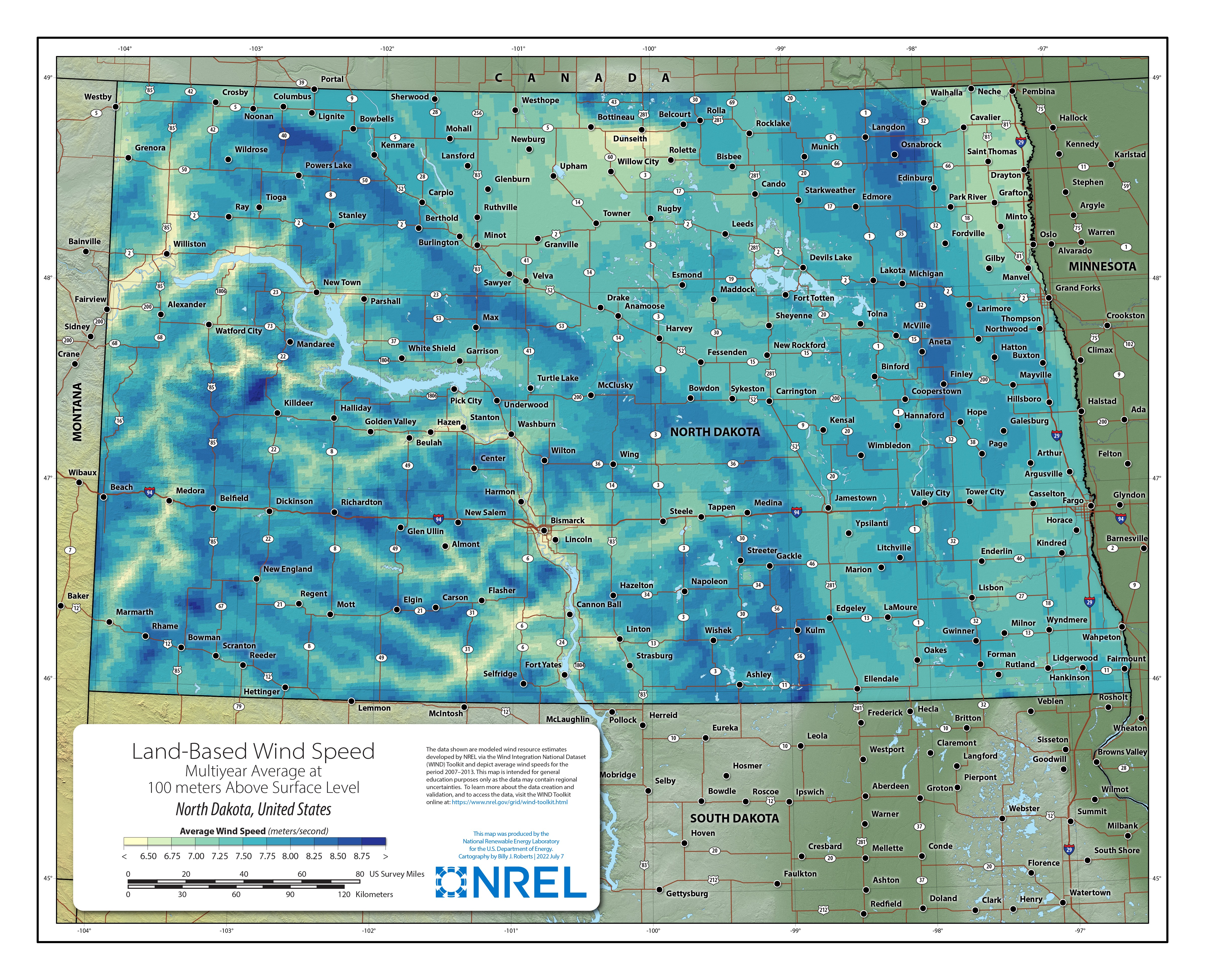 North Dakota Land-Based Wind Speed at 100 Meters
