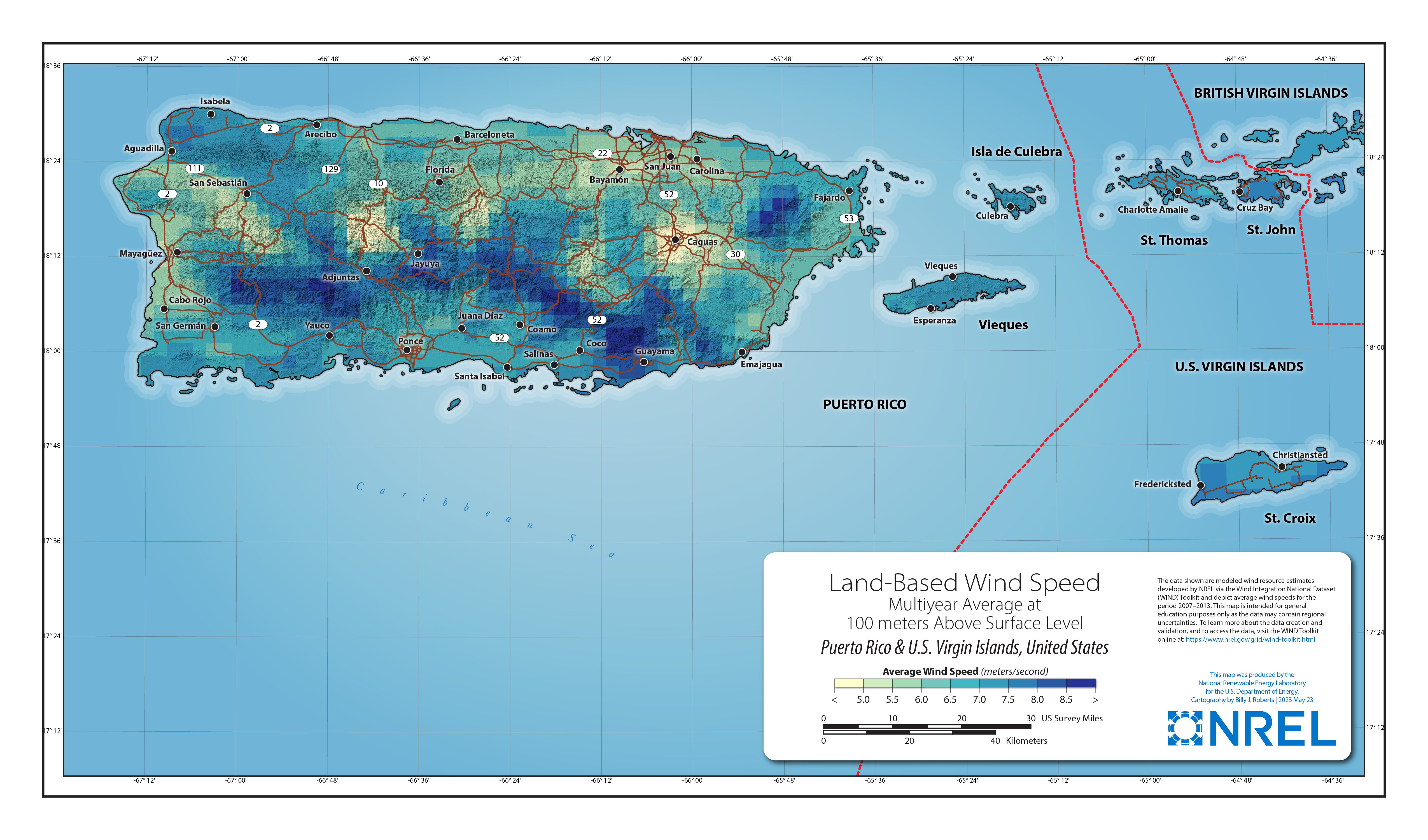 Puerto Rico-U.S. Virgin Islands Land-Based Wind Speed at 100 Meters