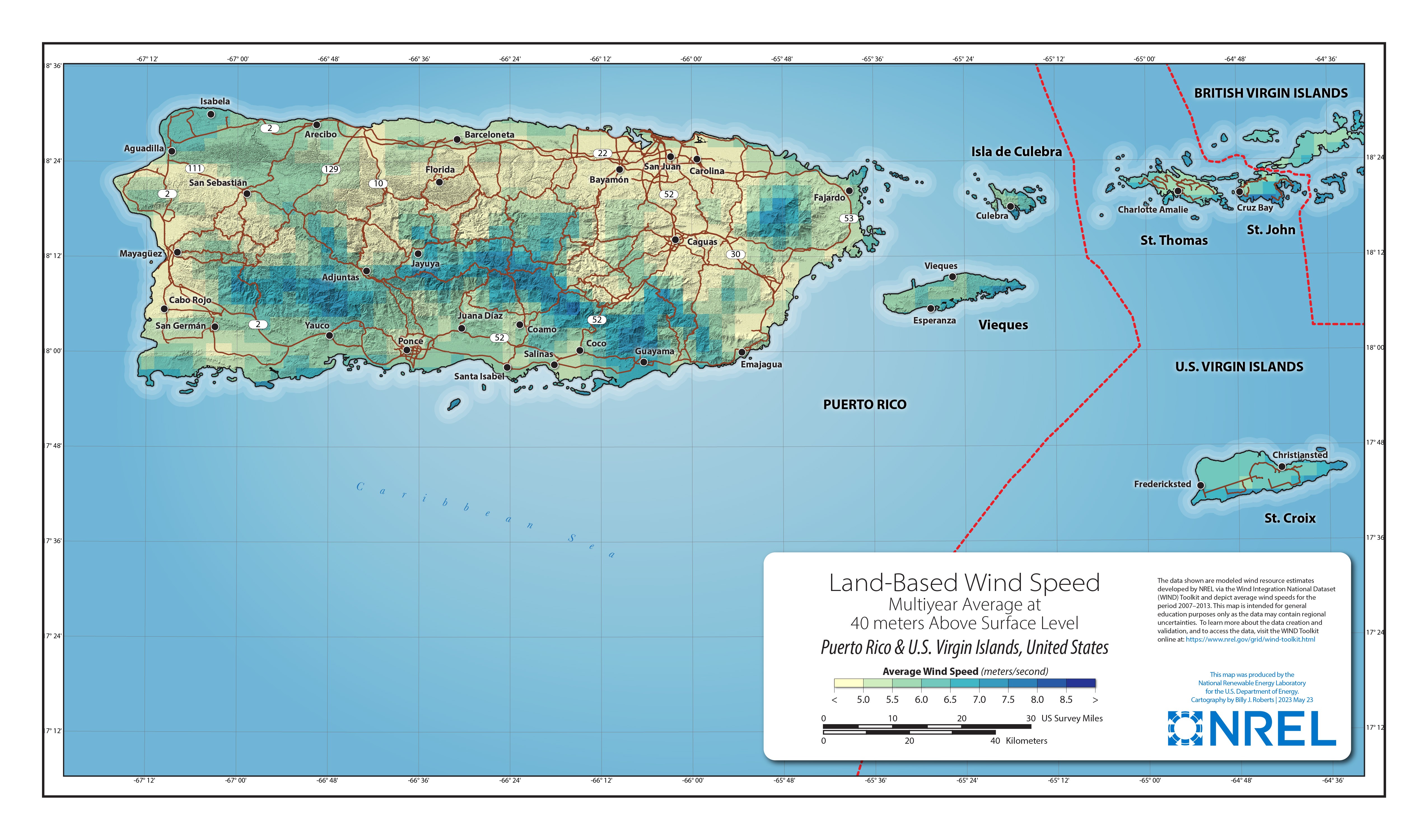 Puerto Rico-U.S. Virgin Islands Land-Based Wind Speed at 40 Meters