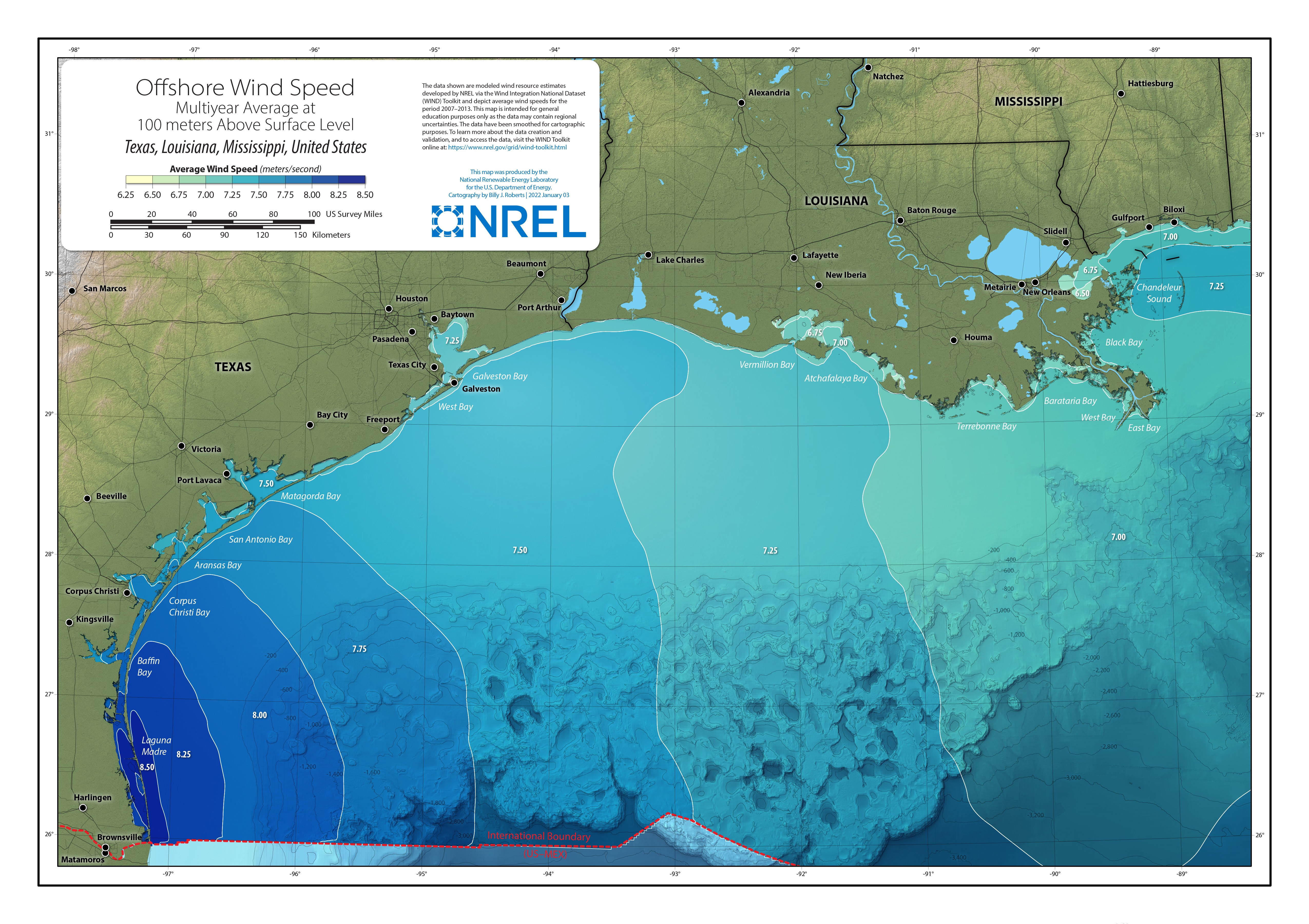 Texas-Louisiana-Mississippi Offshore Wind Speed at 100 Meters