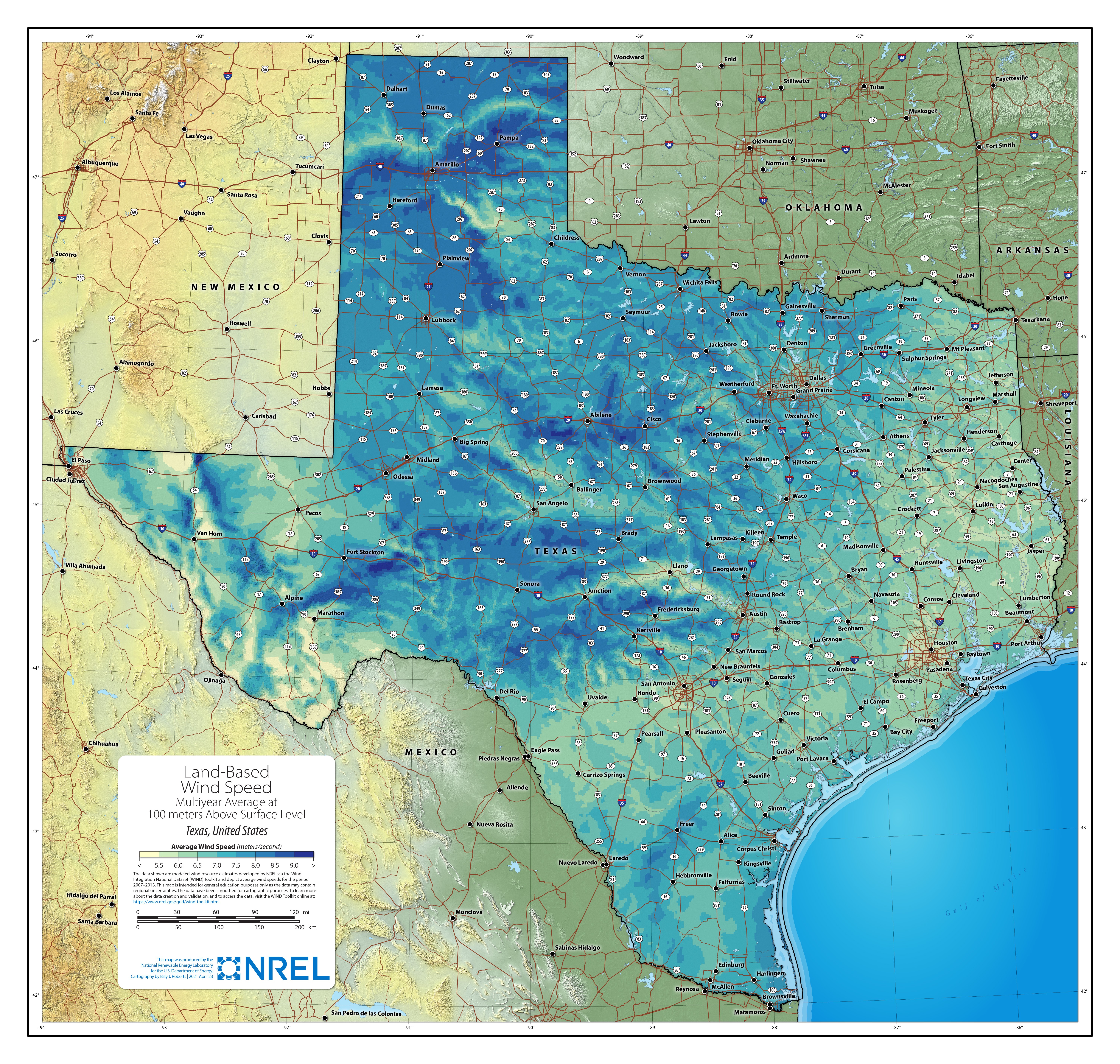 Texas Land-Based Wind Speed at 100 Meters