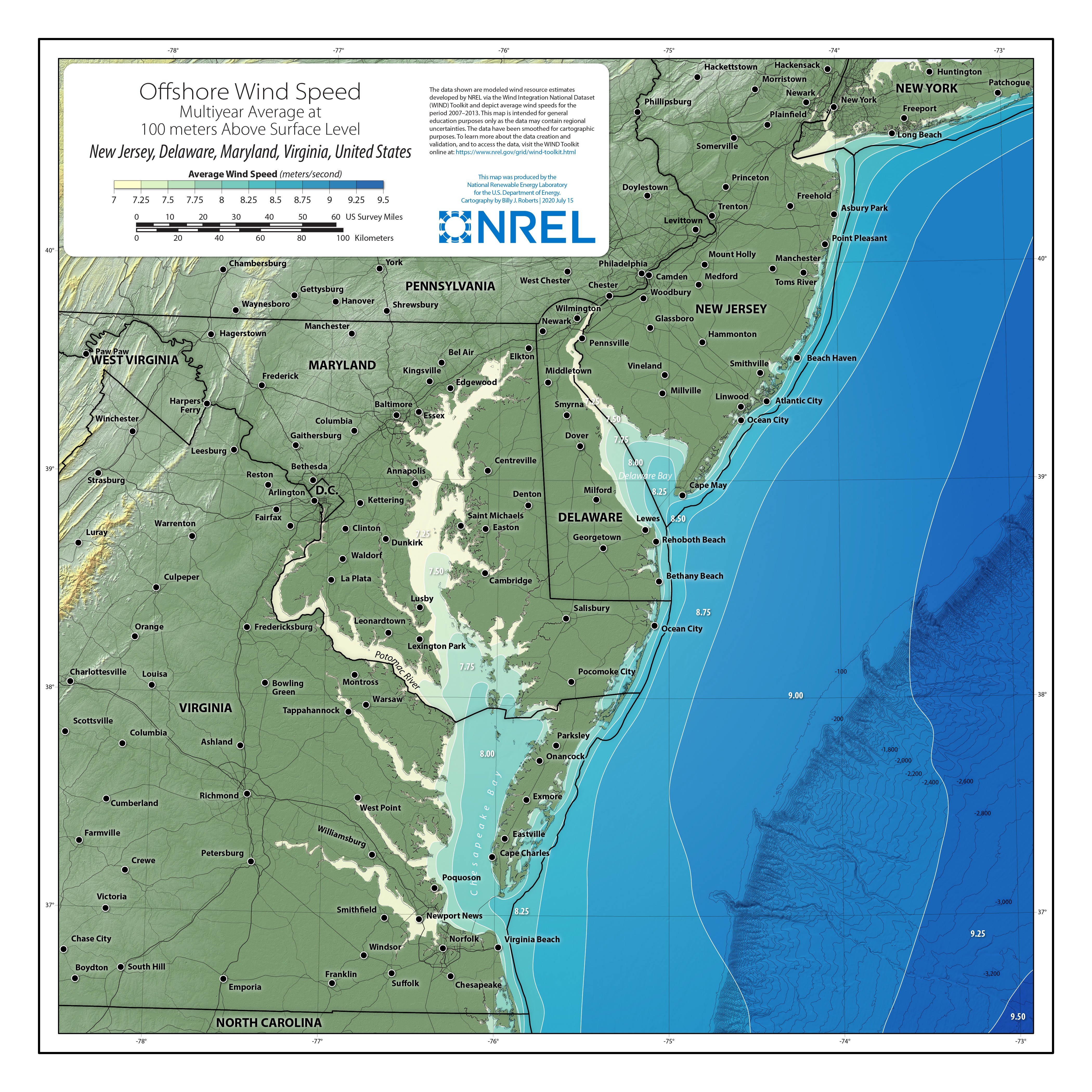Virginia-Maryland-New Jersey-Delaware Offshore Wind Speed at 100 Meters