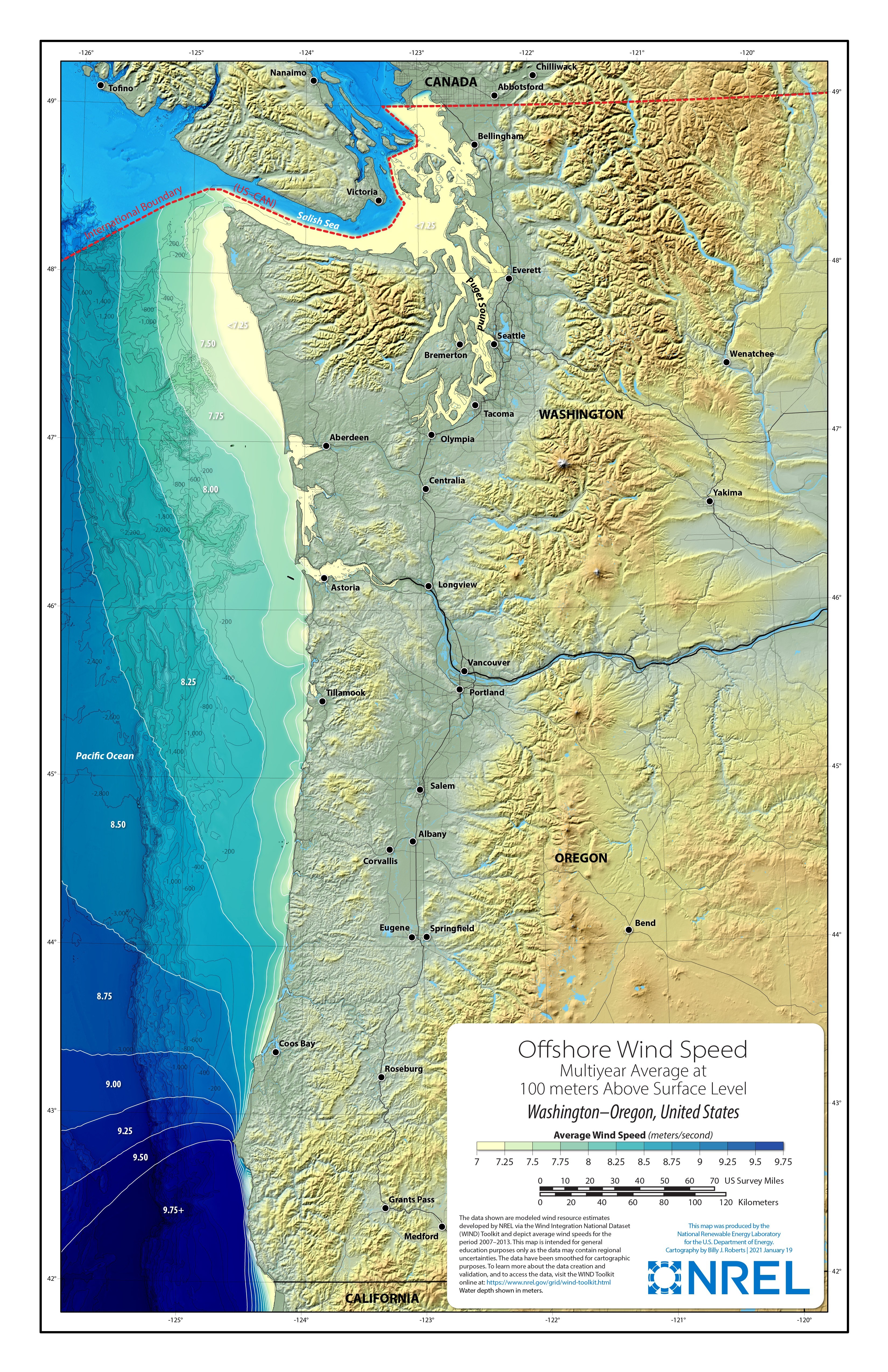 Washington-Oregon Offshore Wind Speed at 100 Meters