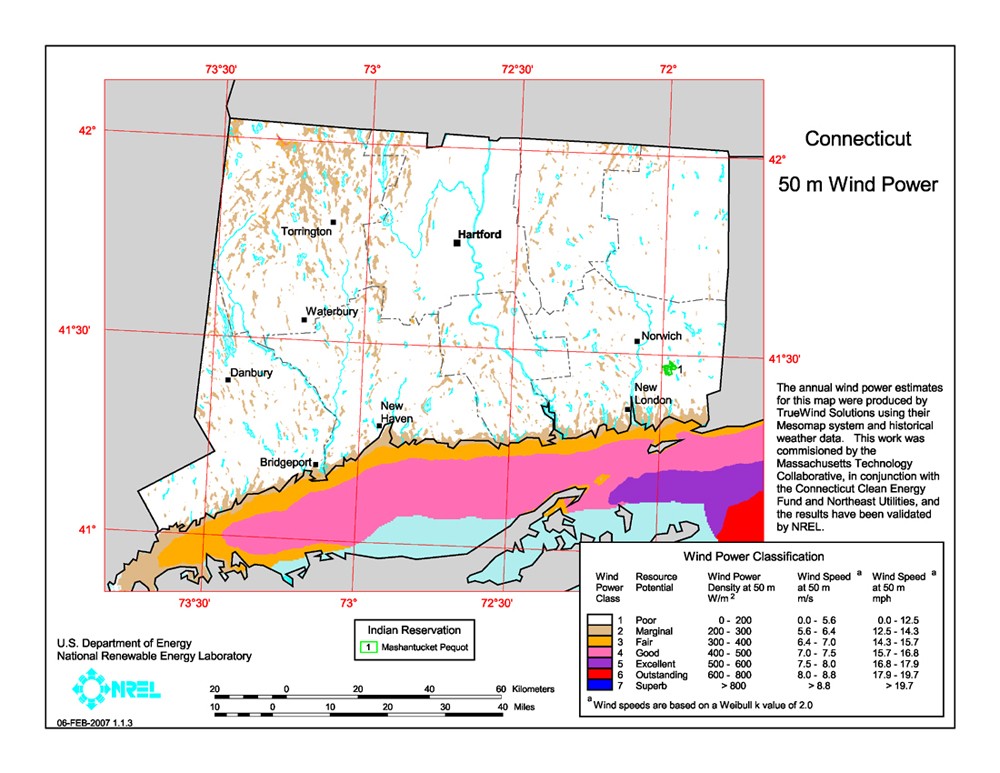 Connecticut 50-Meter Community-Scale Wind Resource Map