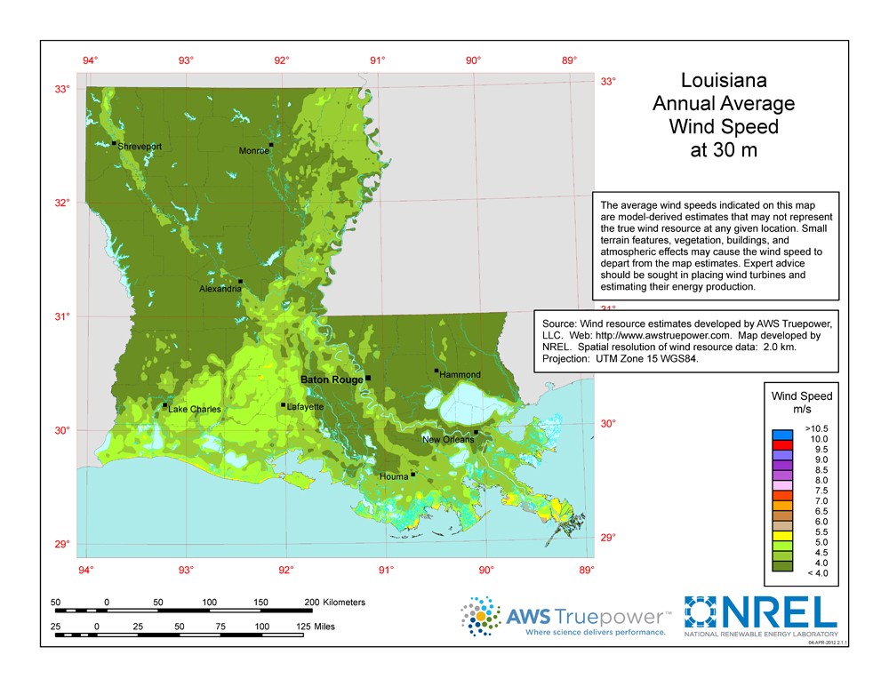 Louisiana 30-Meter Residential-Scale Wind Resource Map