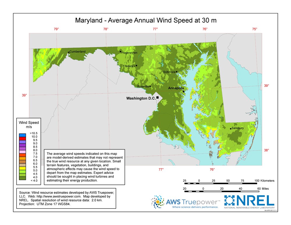 A map of Maryland showing wind speeds at a 30-m height.