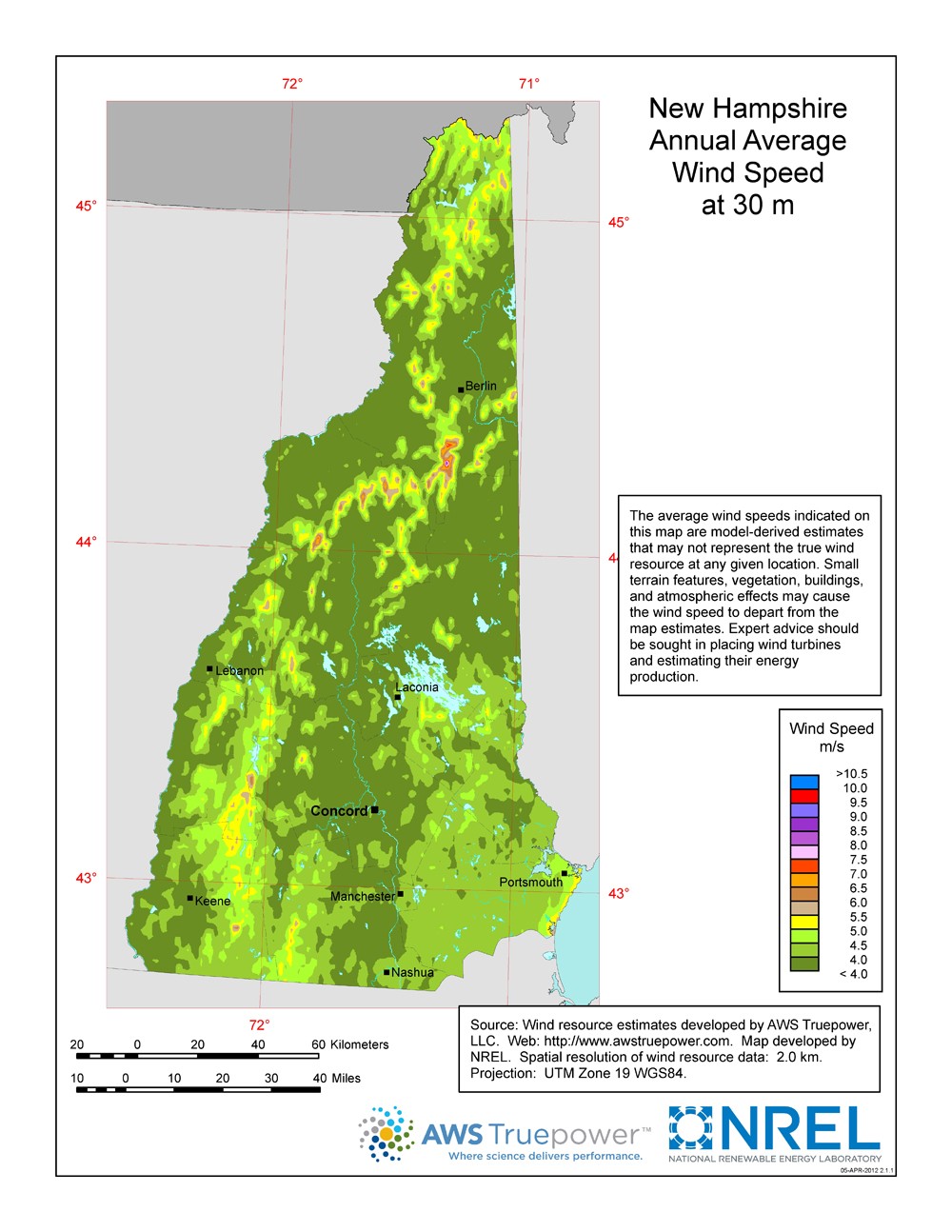 A map of New Hampshire showing wind speeds at a 30-m height.