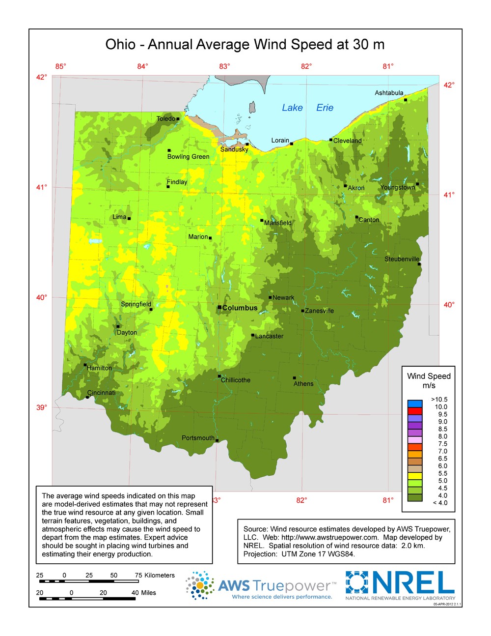 A map of Ohio showing wind speeds at a 30-m height.