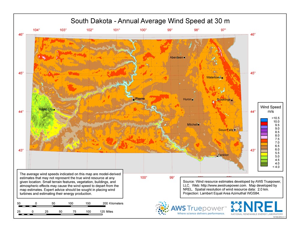 A map of South Dakota showing wind speeds at a 30-m height.