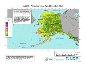 A map of Alaska showing wind speeds at a 30-m height.
