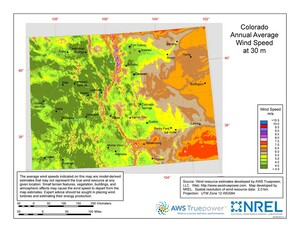 A map of Colorado showing wind speeds at a 30-m height.
