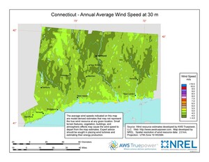 A map of Connecticut showing wind speeds at a 30-m height.