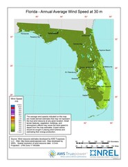 A map of Florida showing wind speeds at a 30-m height.