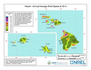 A map of Hawaii showing wind speeds at a 30-m height.