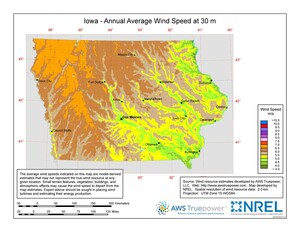 A map of Iowa showing wind speeds at a 30-m height.