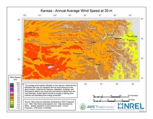 A map of Kansas showing wind speeds at a 30-m height.