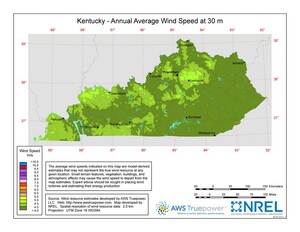 A map of Kentucky showing wind speeds at a 30-m height.