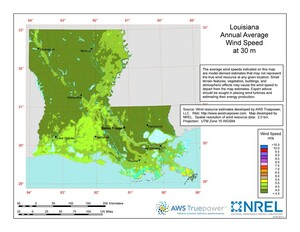 A map of Louisiana showing wind speeds at a 30-m height.