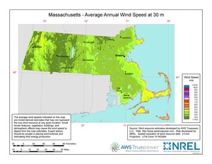 A map of Massachusetts showing wind speeds at a 30-m height.