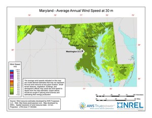 A map of Maryland showing wind speeds at a 30-m height.