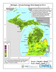 A map of Michigan showing wind speeds at a 30-m height.
