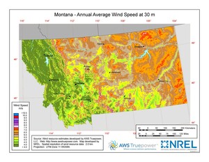 A map of Montana showing wind speeds at a 30-m height.