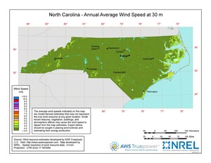 A map of North Carolina showing wind speeds at a 30-m height.