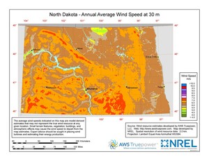 A map of North Dakota showing wind speeds at a 30-m height.