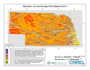 A map of Nebraska showing wind speeds at a 30-m height.