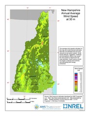 A map of New Hampshire showing wind speeds at a 30-m height.