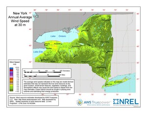 A map of New York showing wind speeds at a 30-m height.