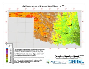 A map of Oklahoma showing wind speeds at a 30-m height.