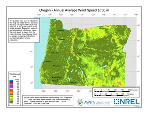A map of Oregon showing wind speeds at a 30-m height.