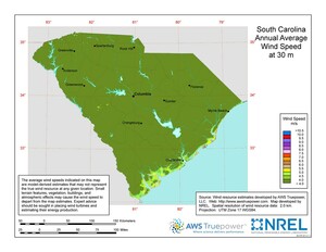 A map of South Carolina showing wind speeds at a 30-m height.