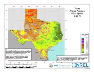 A map of Texas showing wind speeds at a 30-m height.