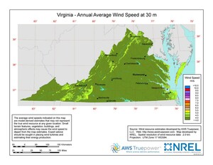 A map of Virginia showing wind speeds at a 30-m height.