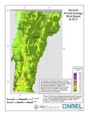 A map of Vermont showing wind speeds at a 30-m height.