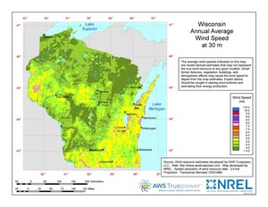 A map of Wisconsin showing wind speeds at a 30-m height.