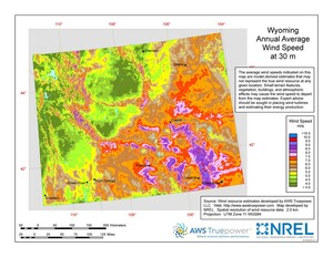 A map of Wyoming showing wind speeds at a 30-m height.