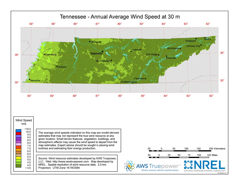 A map of Tennessee showing wind speeds at a 30-m height.