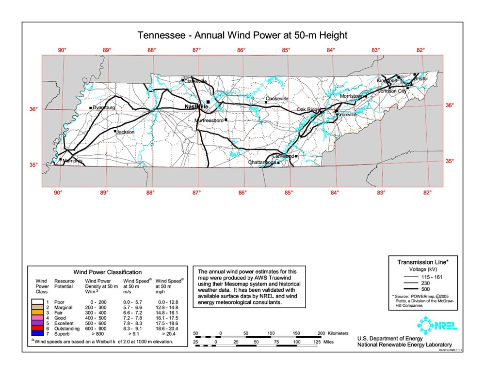 Tennessee wind resource map.