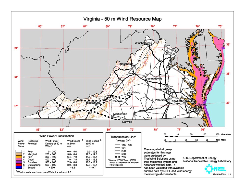 Virginia wind resource map.