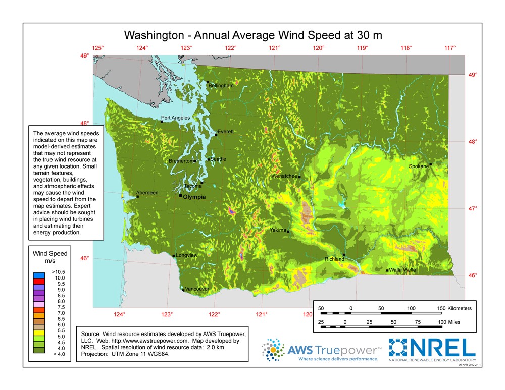A map of Washington showing wind speeds at a 30-m height.