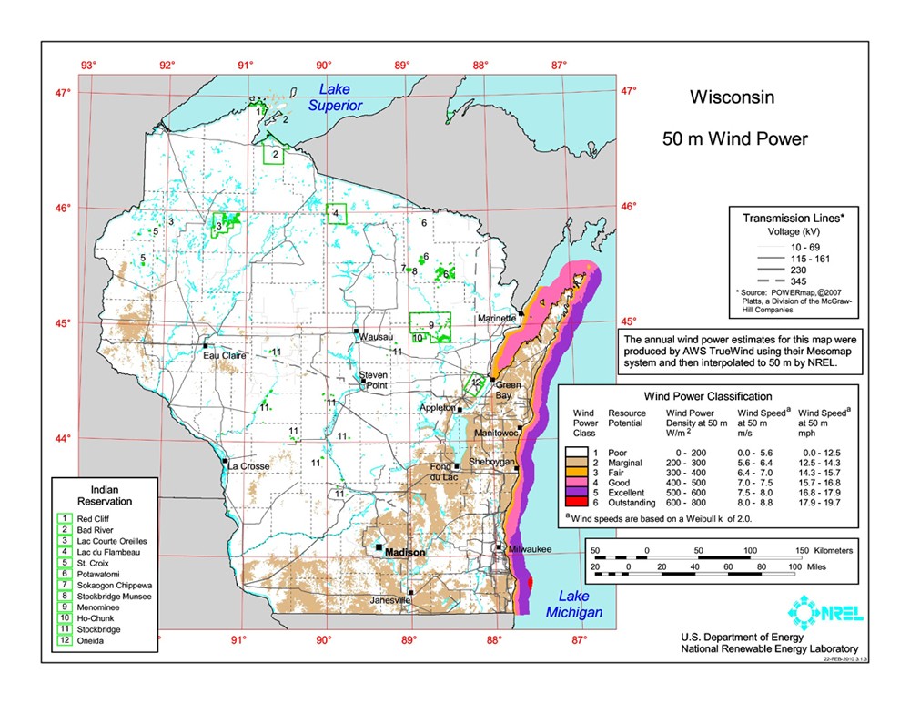 Wisconsin 50-Meter Community-Scale Wind Resource Map